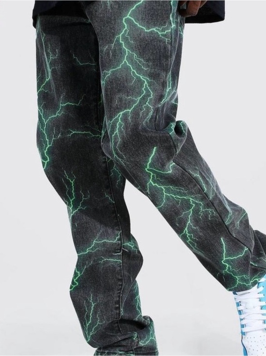 Boohoo Other - BooHoo Man Lightning Bolt Black Denim Jeans with Neon Green Accents - Size 32R